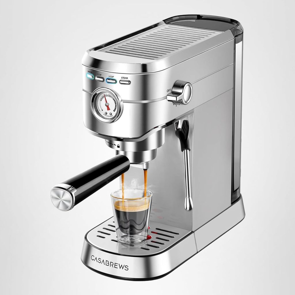 Silver espresso machine brewing coffee